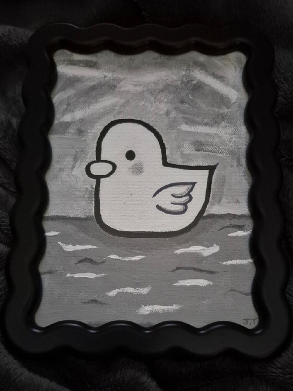 Handmade Grey & White Rubber Duck Wall Art. "Alone, But Not Lost".